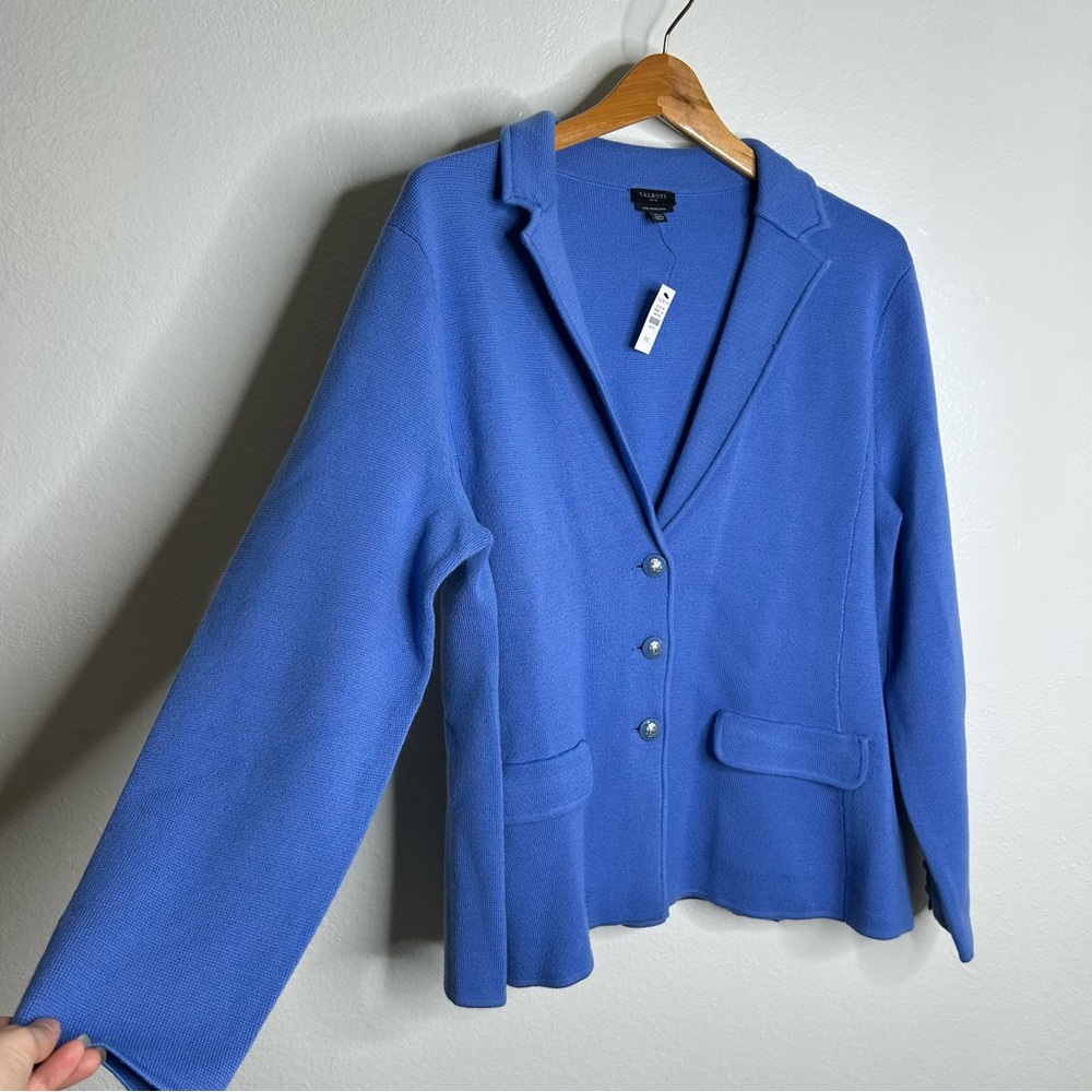 NWT 100% Merino Wool Knit Collared Blazer Jacket Blue Talbots Size XL Petite